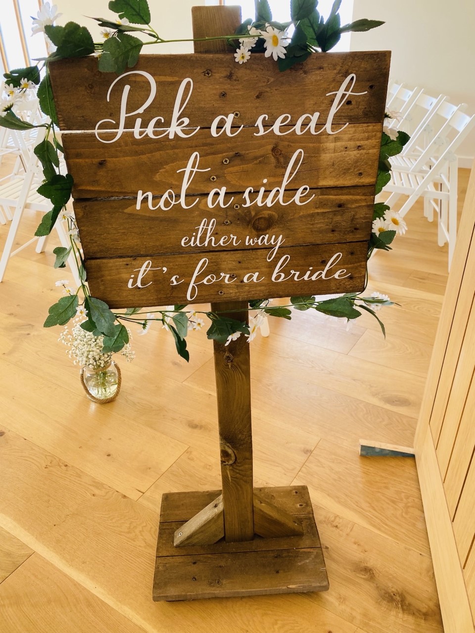 Pick a seat not a side wedding sign. Rustic pick a seat not a side